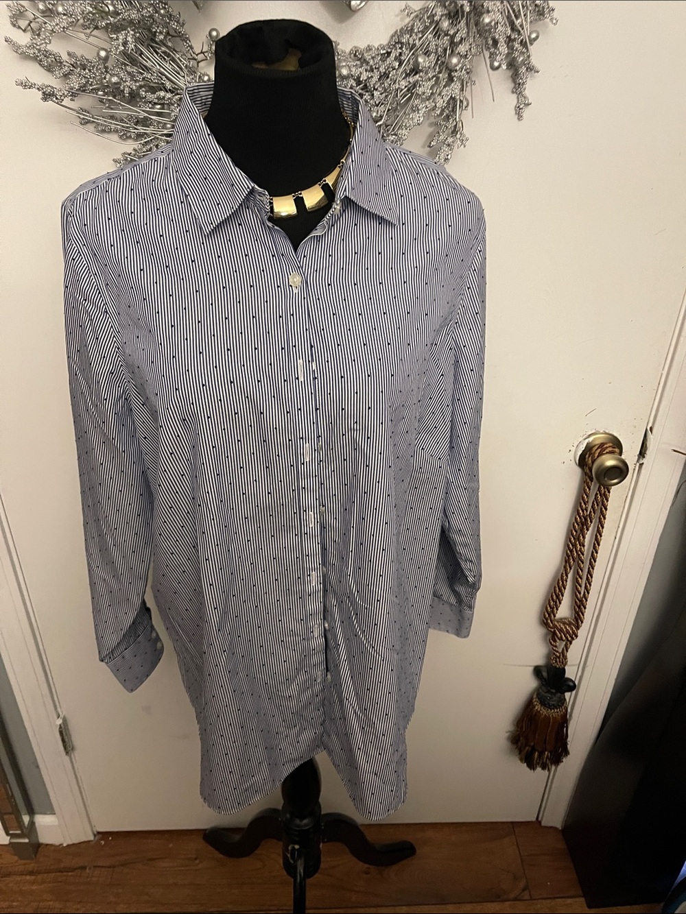 Lands' End Blue and White Pinstripe Button-Down Shirt